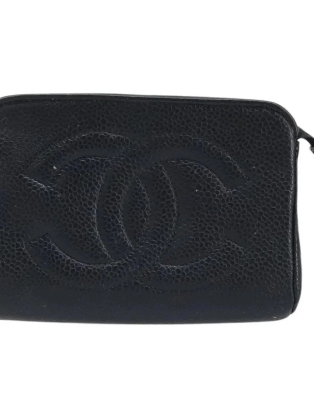 CHANEL COCO Mark Pouch Grained Calf Skin Black Gold CC Auth AMZ108